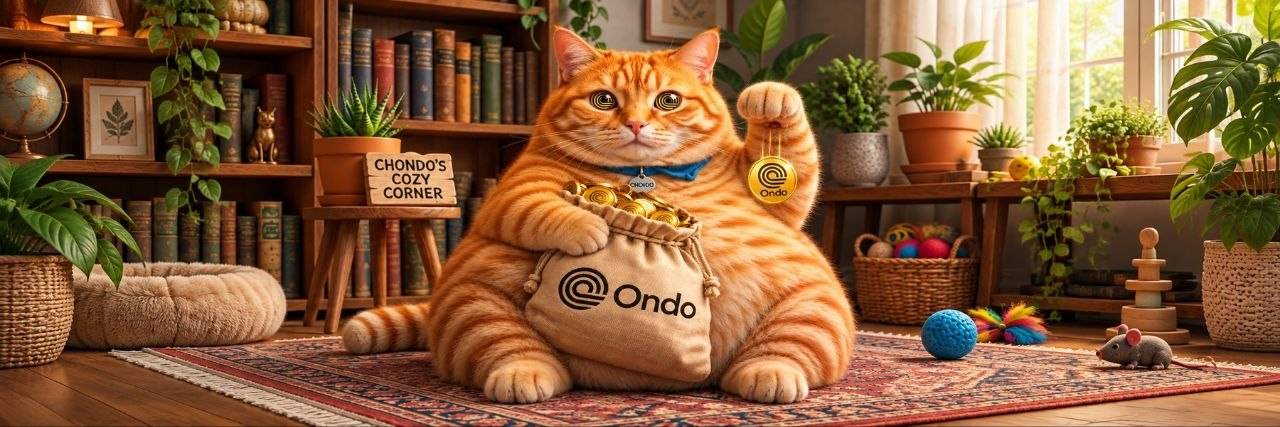 Chondo, a giant chonky orange tabby cat lounging at home in his reading corner, holding a drawstring bag of Ondo coins